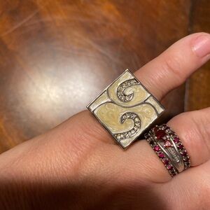 Elegant Square Swirl Ring with Cream Enamel and Crystal Accents